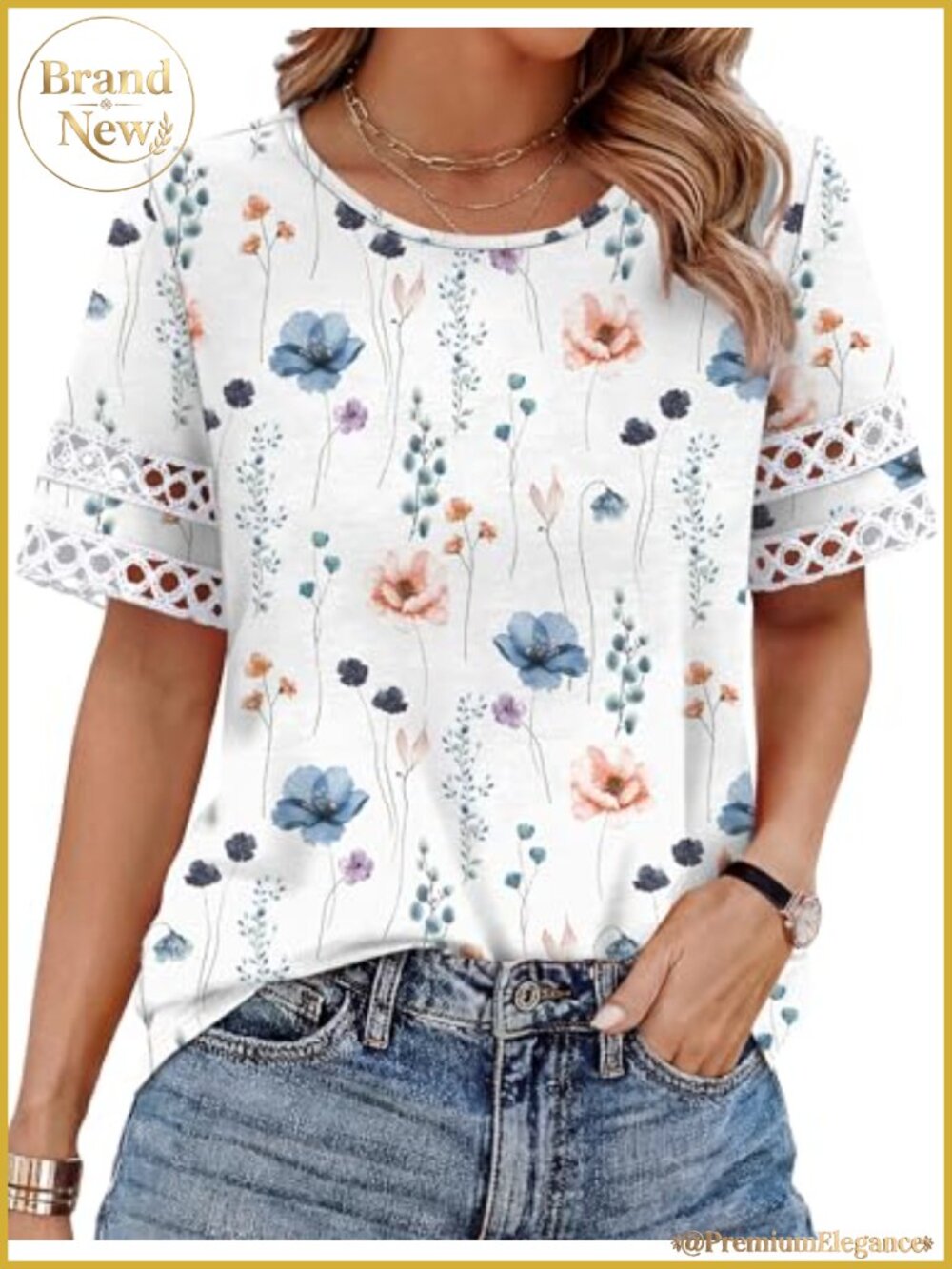 Women's Short Sleeve Color Block Blouse with Lace Accents - Casual Work Top